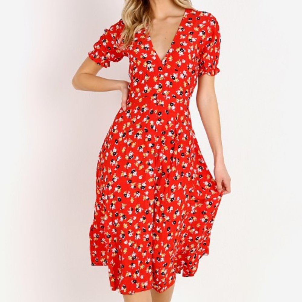 Faithfull the Brand Ari Midi Dress Jasmine Red (Size US 4, Pre-owned)